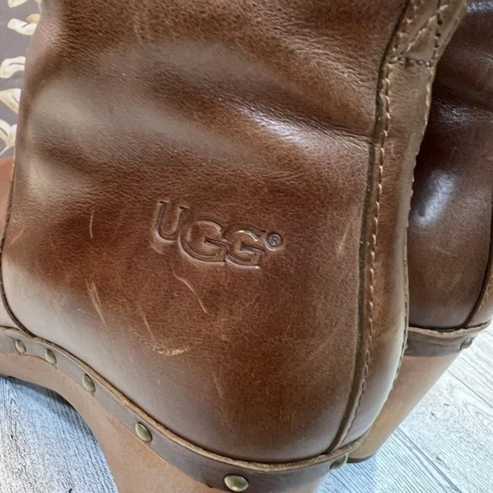 UGG Australia 1958‎ Brown Leather Fold Over Sheepskin Boots Womens sz 7 EU 38